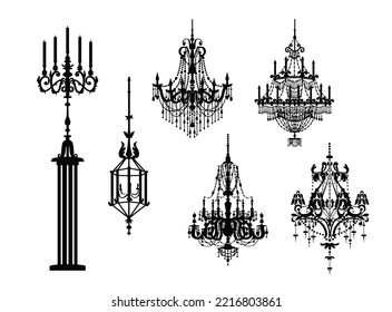 Interior Clipart. Chandelier Silhouette, Crystal Lamp Lights Cet. Black Isolated Vector Icon Clip Art.