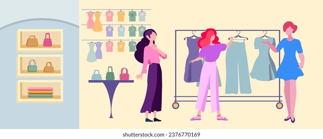 Interior of a clothing store. Clothes for girls and women. Counter, counters, shelves with bags. The saleswoman invites customers to try on a dress. Boutique, clothes, dress, Flat vector illustration.