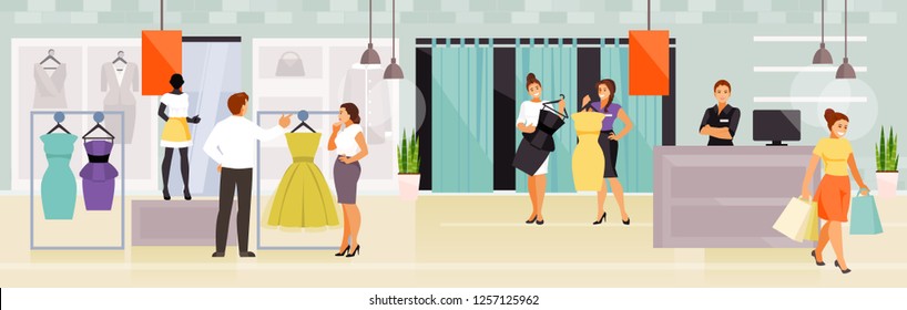 Interior clothing store. Shopping people. Vector illustration