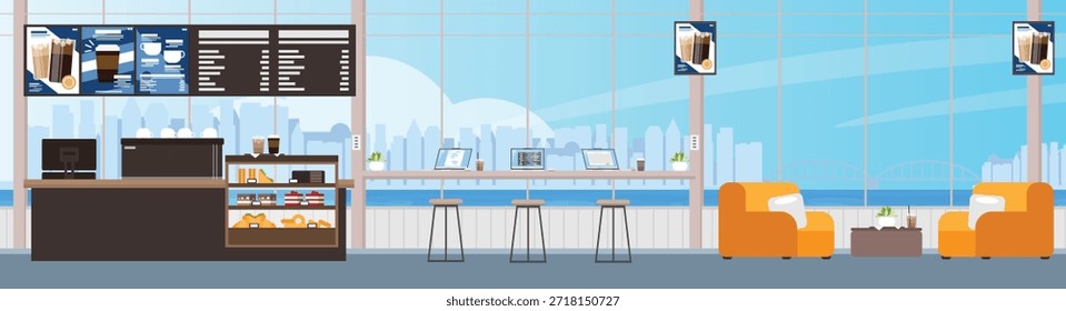 Fundo interior da cafeteria sem pessoas, Cafeteria com uma grande vista de janela da paisagem urbana.