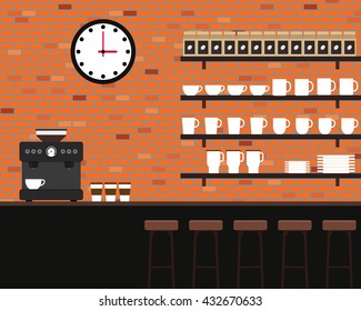 Interior coffee shop brick texture flat design vector illustration