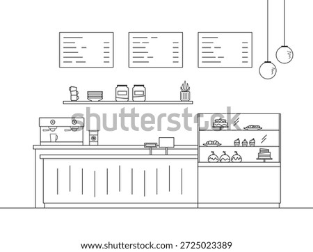 Interior of coffee shop, cafe, restaurant  in line art style. Vector illustration