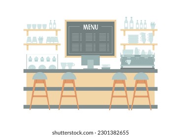 Interior of coffee shop. Flat illustration of a cafe bar counter isolated on a white background. Vector 10 EPS.