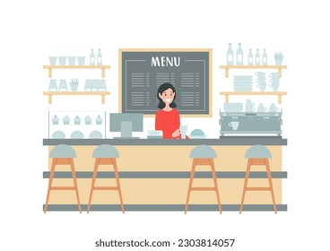Interior of coffee shop. Flat illustration of a barista standing behind of bar counter isolated on a white background. Vector 10 EPS.
