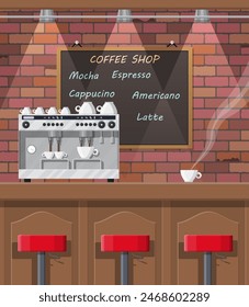 Interior of coffee shop, pub, cafe or bar. Bar counter, chairs and board with menu. Coffee cup with hot drink. Brick wall and lamp. Vector illustration in flat style.