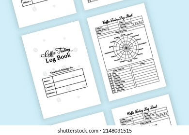 Interior of a coffee tasting notebook template. Coffee condition and taste rating journal interior. Interior of a log book. Coffee brewing instruction and tasting result notebook template.