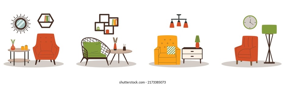 Interior collection. Armchair and table set. Cozy living room flat vector illustration. House interior objects collection