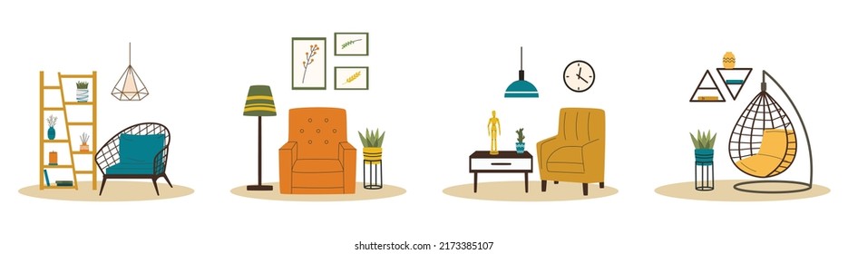 Interior collection. Armchair and table set. Cozy living room flat vector illustration. House interior objects collection