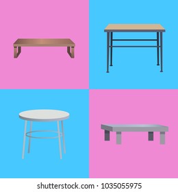 Interior collection of posters, with tables of squared and rounded shape, made of wooden material, vector illustration, isolated on blue and pink