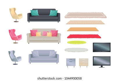 Interior collection of sofas with cushions and fluffy carpets TV sets and armchairs, chest of drawers vector illustration isolated on white background