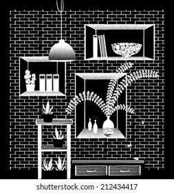 Interior of collections and brick wall