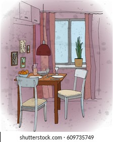 Interior color illustration. Kitchen with a table, tableware, two chairs, window, lamp, pictures.