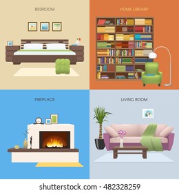 Interior colored compositions with bedroom and home library fireplace and comfortable lounge isolated vector illustration 