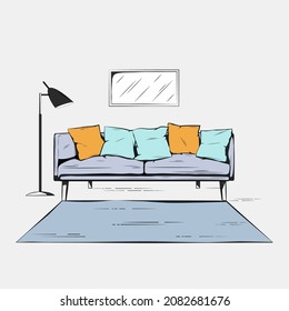 Interior colored, hand drawing,sofa with floor lamp