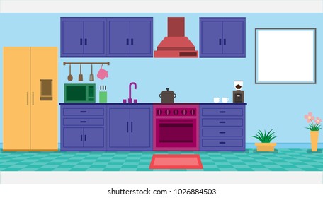 interior colorful kitchen room and kitchenware in room.vector and illustration.