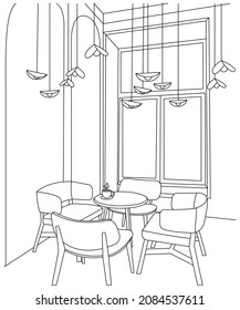 The interior coloring book. Cafe, coffee shop or dining room with table, chairs and lamps. Cozy and calm atmosphere.