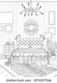 Interior coloring page. Bedroom interior with cool mirror. Coloring book for adults. The interior of the room. Black and white illustration.