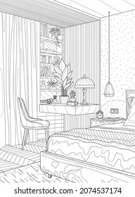 Interior coloring page. Bedroom interior with table. Coloring book for adults. The interior of the room. Black and white illustration.