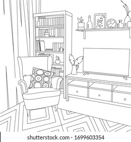 The interior coloring page. Living room. Cozy atmosphere