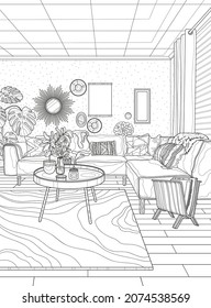 Interior coloring page. Living room interior in boho style. Coloring book for adults. The interior of the room. Black and white illustration.