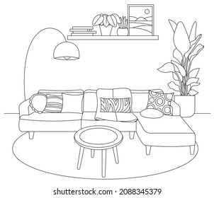 The interior coloring page. Living room. Cozy atmosphere