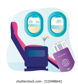 Interior of comfortable business class in airplane. Time to travel. Advertising banner on theme of dream travel. View from portholes of plane on beach. Exciting trips abroad. Flat vector illustration