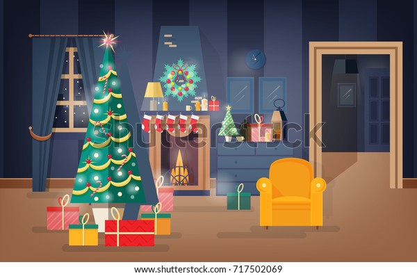 クリスマスイブに もみの木 美しい花柄 リースで飾られた快適な居間 居心地の良い家具やホリデーの家の飾りでいっぱいのアパート 平らなベクターイラスト のベクター画像素材 ロイヤリティフリー