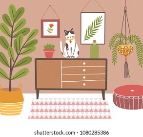 Interior of comfy room with table and cat sitting on it, potted plants, wall pictures, home decorations. Cozy house decorated in modern Scandinavian hygge style. Flat colorful vector illustration