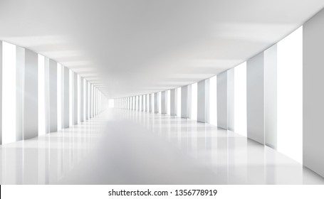 Interior in an commercial building. Empty hall with windows. Long corridor. Vector illustration.