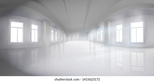 Inneneinrichtung im Gewerbebau. Leere Halle mit Fenstern. Einkaufszentrum. Vektorgrafik.