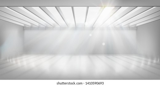Interior in commercial building with glass roof. Empty space for the exhibition. Vector illustration.
