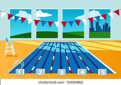 Interior of a competition swimming pool, no people,  city landscape behind the window, EPS 8 vector illustration, no transparencies