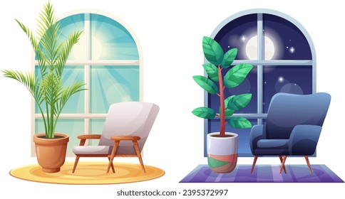 Interior composition with armchair, pot with houseplant, carpet and window. Day and night, sun and moon. Vector illustration in cartoon style