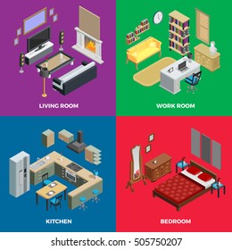 Interior composition icons set with living room bedroom and kitchen isolated vector illustration 