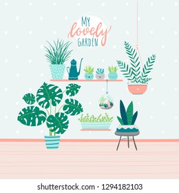 Interior composition of plants in cute pots, on shelves, in a terrarium. Monstera, succulents, cactus and others. Vector illustration in pastel colors.