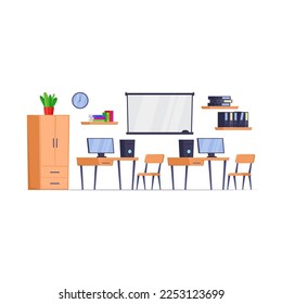 Interior of a computer class with modern computing devices and a projector for viewing slides. Facilities for school children vector illustration. Education concept