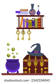 Interior concept of an ancient alchemical laboratory with a vintage chest, antique flasks, old books, keys and a wizard's hat. vertical illustration in a flat style for a Halloween greeting card