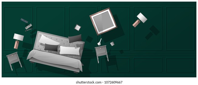 Interior concept background with furniture hovering into new bedroom , vector , illustration