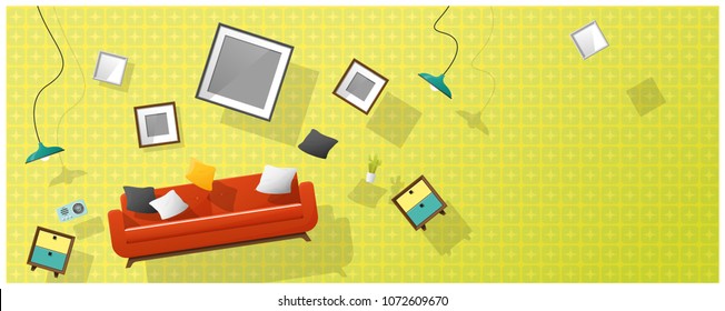 Interior concept background with furniture hovering into new living room , vector , illustration