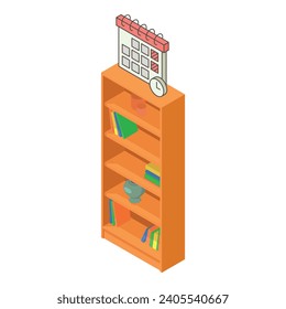 Interior concept icon isometric vector. Desk calendar on open wood bookcase icon. Interior element, room design