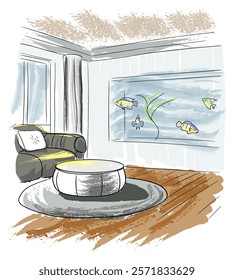 The interior concept of a recreation room with an aquarium in the wall. A linear sketch painted with careless brushstrokes. 3D vector illustration. To create advertising posters, booklets, presentatio