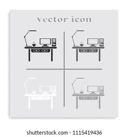 Interior concept of work place with computer, monitor, lamp and cup of coffee flat black and white vector icon.