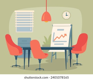 Interior of conference room for business meetings. Vector illustration. Desk, chairs, filchart. Office design concept