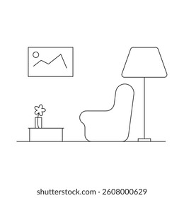 The interior consists of an armchair, a floor lamp and a coffee table, executed in thin lines.