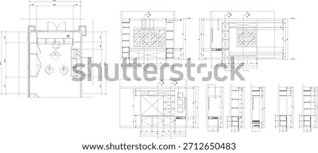 Interior Construction Drawings for Window-Facing Work Desk Area, Lounge Table, and Built-in Display Cabinet with Complete Plans, Elevations, and Sections