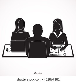 Interior Construction Team Meeting Brainstorming Concept.  Icon Isolated on White Background.