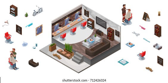 Constructor interior con 3d isométrico, peluquero cortando cabello, afeitado en barbería, personajes, ambientado para peluquería hipster, muebles de moda, accesorios de barbería, ícono de bigote