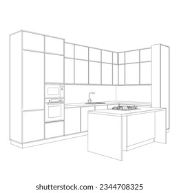 Interior contour of kitchen room. Outline blueprint design of kitchen with modern furniture. Stylish interior of kitchen full of modern furniture, household appliances, cooking facilities.