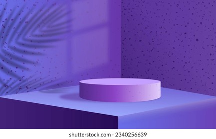 Interior corner wall room purple 3d background of abstract window light  stage scene or empty product studio showroom display and blank presentation round podium pedestal platform perspective table 