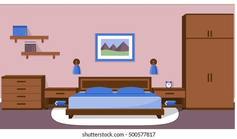 The interior of cozy bedroom in blue and brown colors. Vector illustration. 